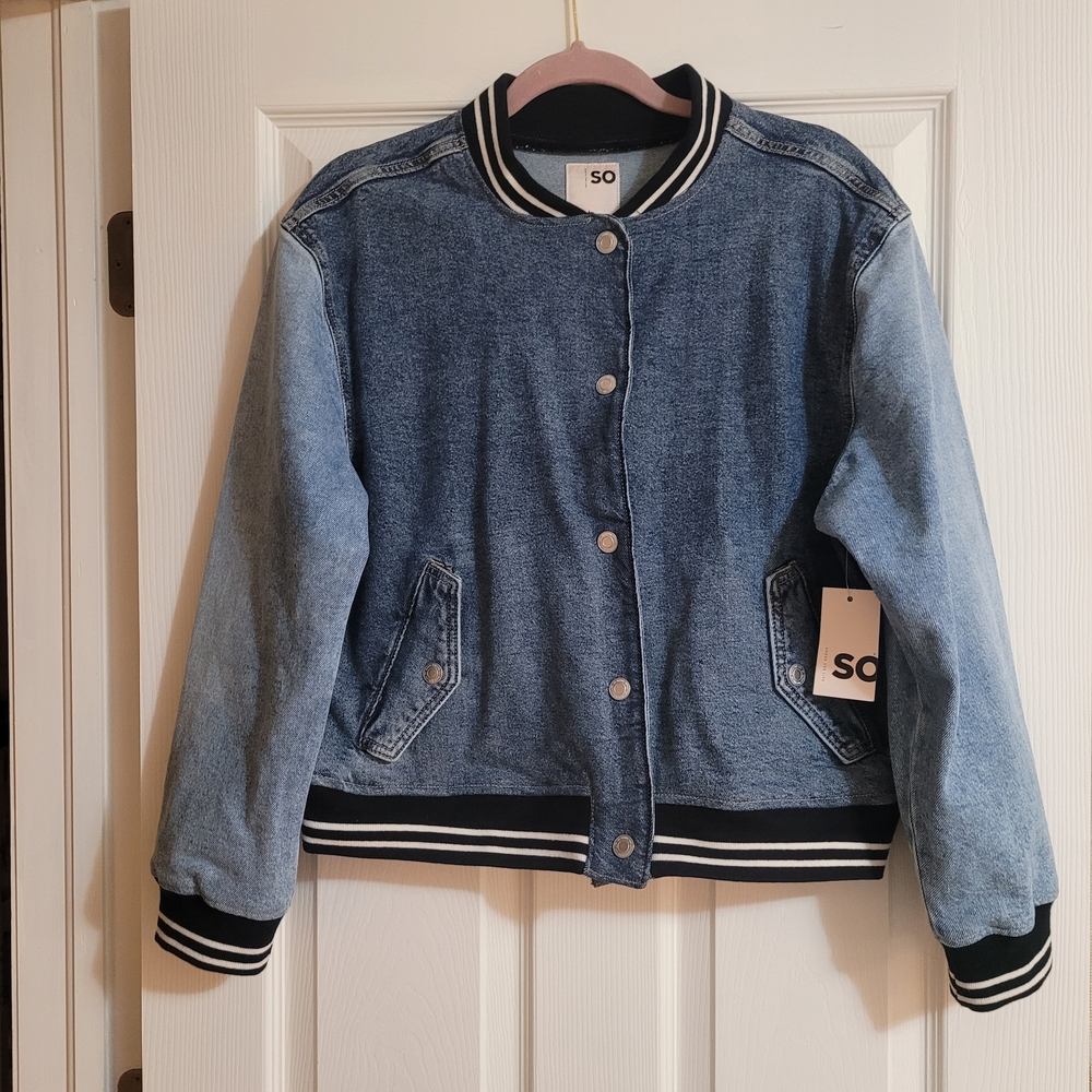 Two Tone Blue Denim Bomber Jacket with Striped Accents By SO